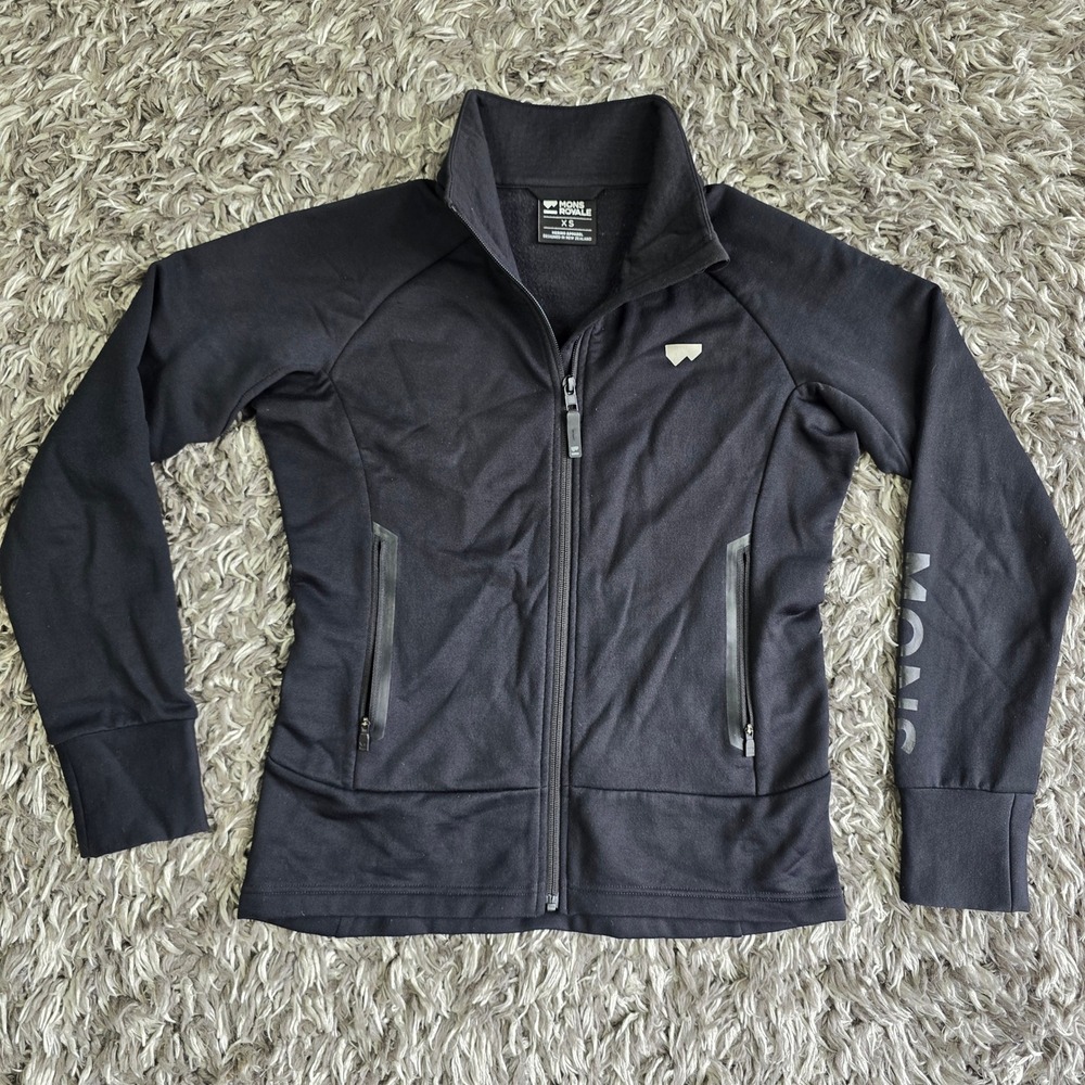 Mons Royale Womens Merino Wool Full Zip Jacket Black XS Midlayer Thumbhole